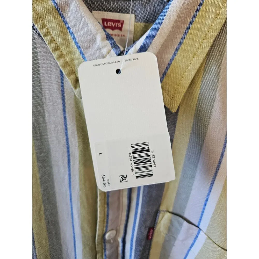 Levi's Button Up Stripes Short Sleeve Shirt Yellow White Blue Large